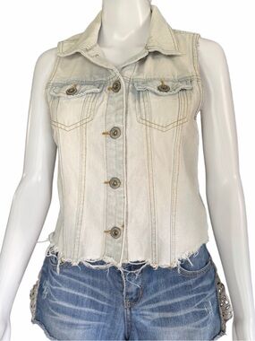 HWY Jeans Bleached Denim Vest Women’s Medium Frayed Hem Sleeveless Jean Jacket